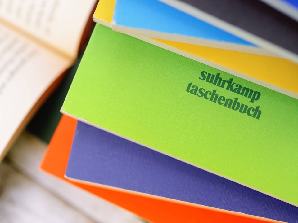 Bunte Bücherstapel mit 'Suhrkamp Taschenbuch'-Aufschrift.