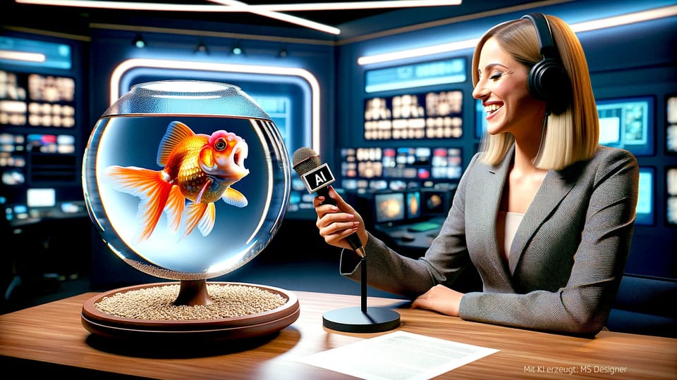 In diesem KI-generierten Symbolbild interviewt eine TV-Moderatorin einen Goldfisch in einem Goldfischglas.