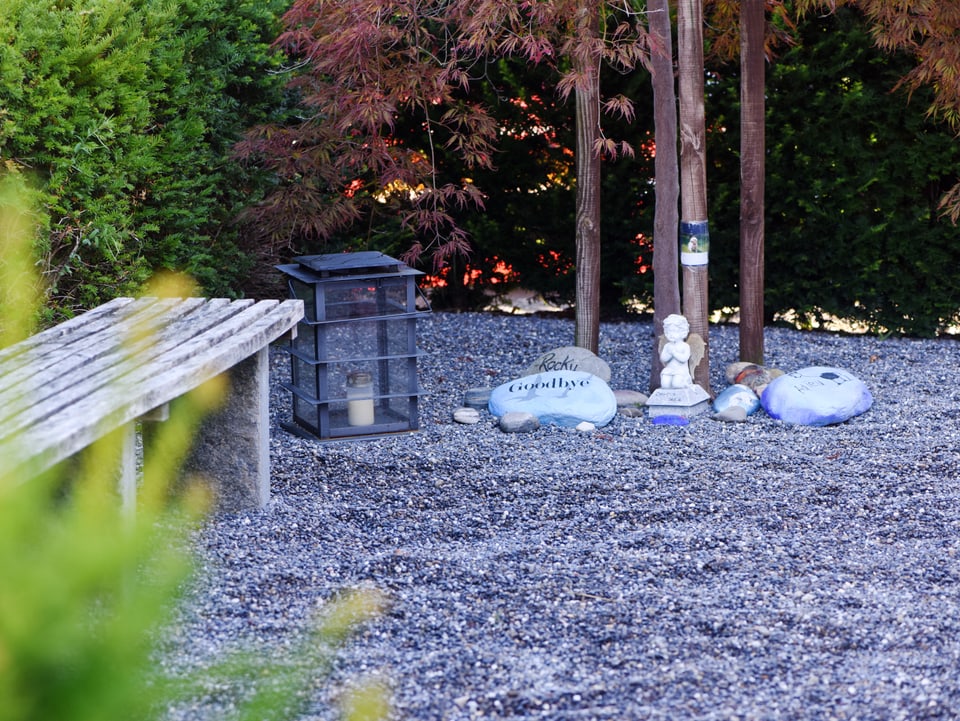 Tierfriedhof: Eine Bank, Bäume und bemalte Steine auf dem Boden