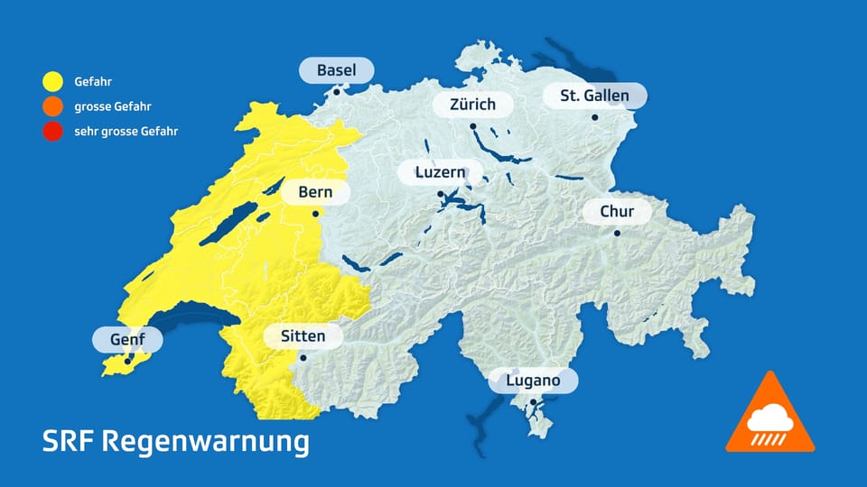 Karte der Schweiz mit SRF Regenwarnung, Westschweiz gelb markiert.