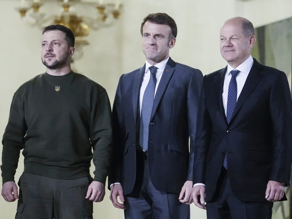Selenski, Macron und Scholz bei einem Treffen im Frühling 2023.