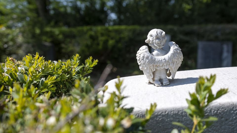 Weisse Engelstatue auf Stein nahe grünen Büschen.