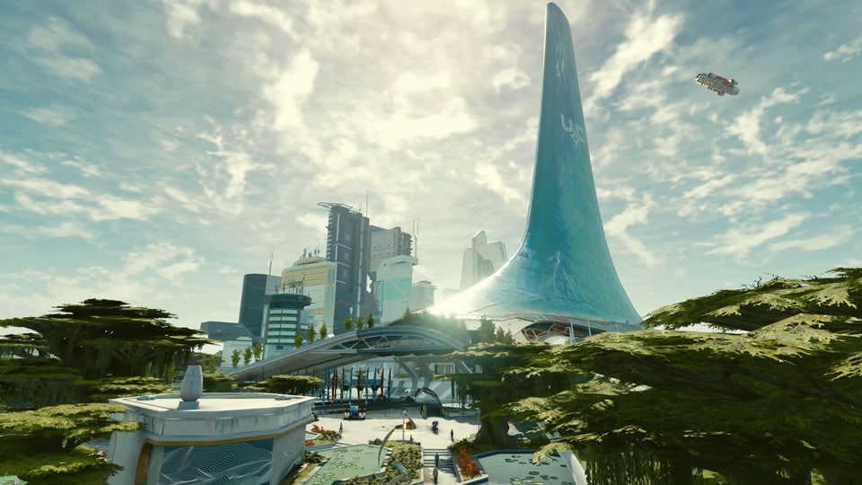 Videospiel-Screenshot, Futuristische Skyline, Urwald-Bäume links und rechts, Hochhäuser, bewölkter Himmel mit Raumschiff