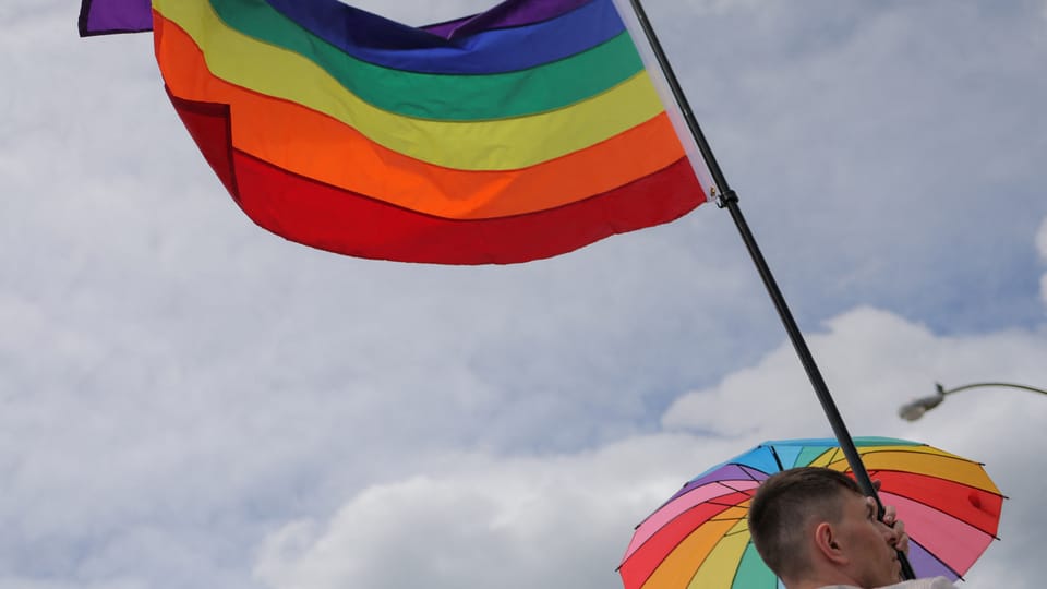 Person mit Regenbogenflagge und Regenschirm bei bewölktem Himmel.