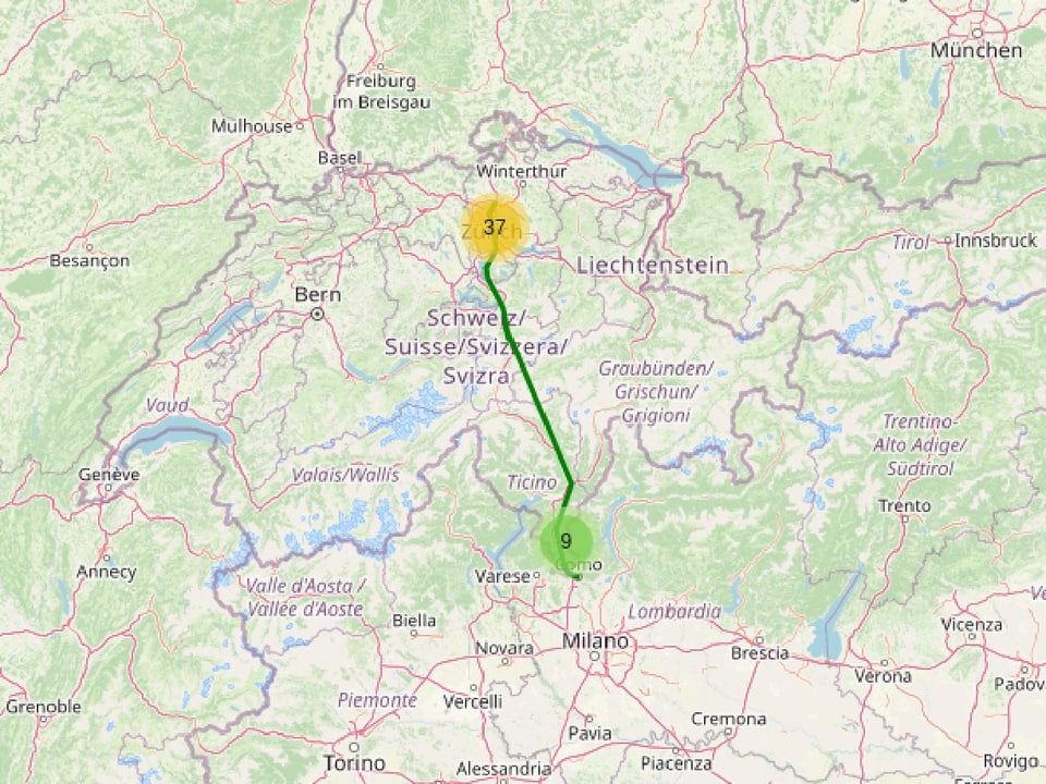 Screenshot einer Verortungskarte, die als Linie die Reise von Zürich nach Como zeigt.