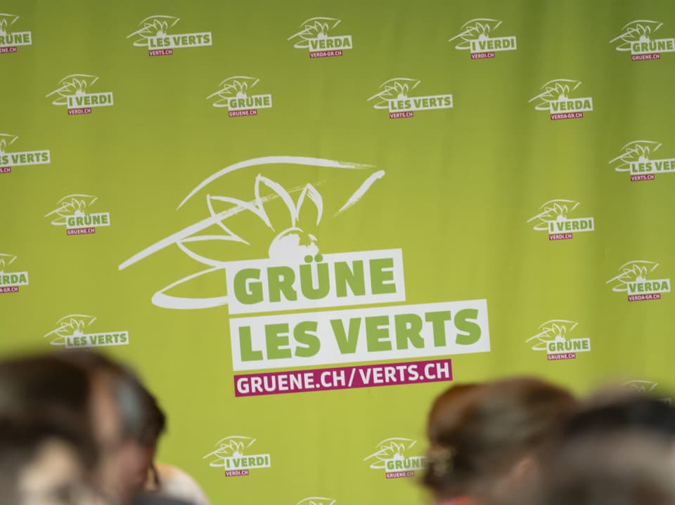 Grünes Plakat der Partei Grüne mit Website-URL und Logo.