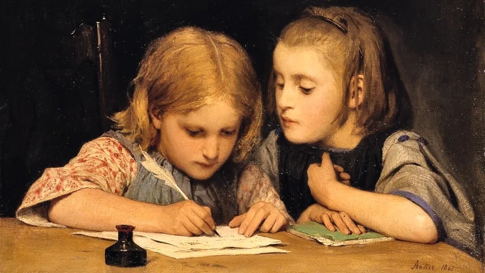 Gemälde: Zwei Mädchen machen Hausaufgaben.