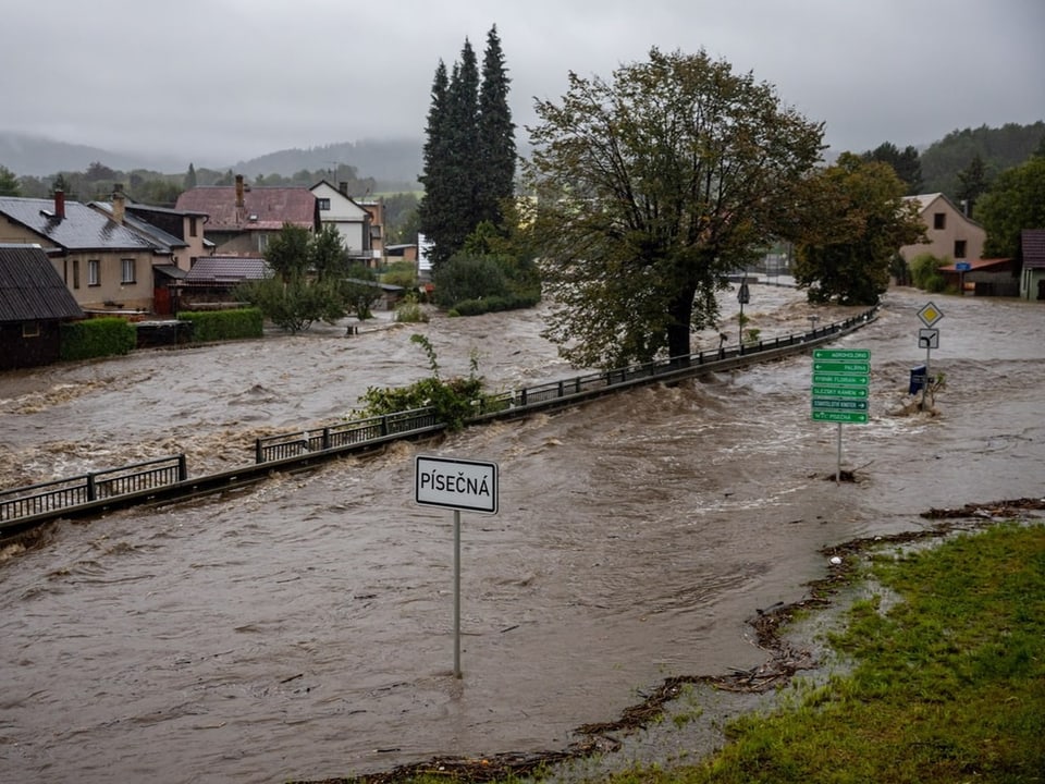 Ein Fluss ist über die Ufer getreten. Verkehrsschilder stehen im Wasser.