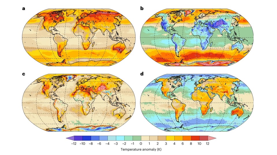 4 Weltkarten auf denen zu sehen ist welche Faktoren für Hitzerekorde verantwortlich sind.