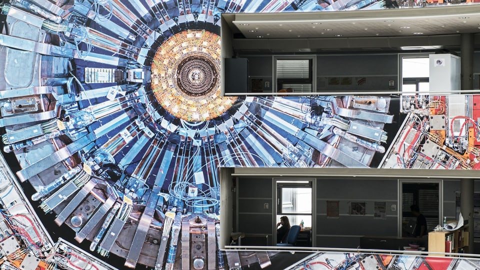 Innenansicht eines Bürogebäudes mit wissenschaftlicher Wandkunst.