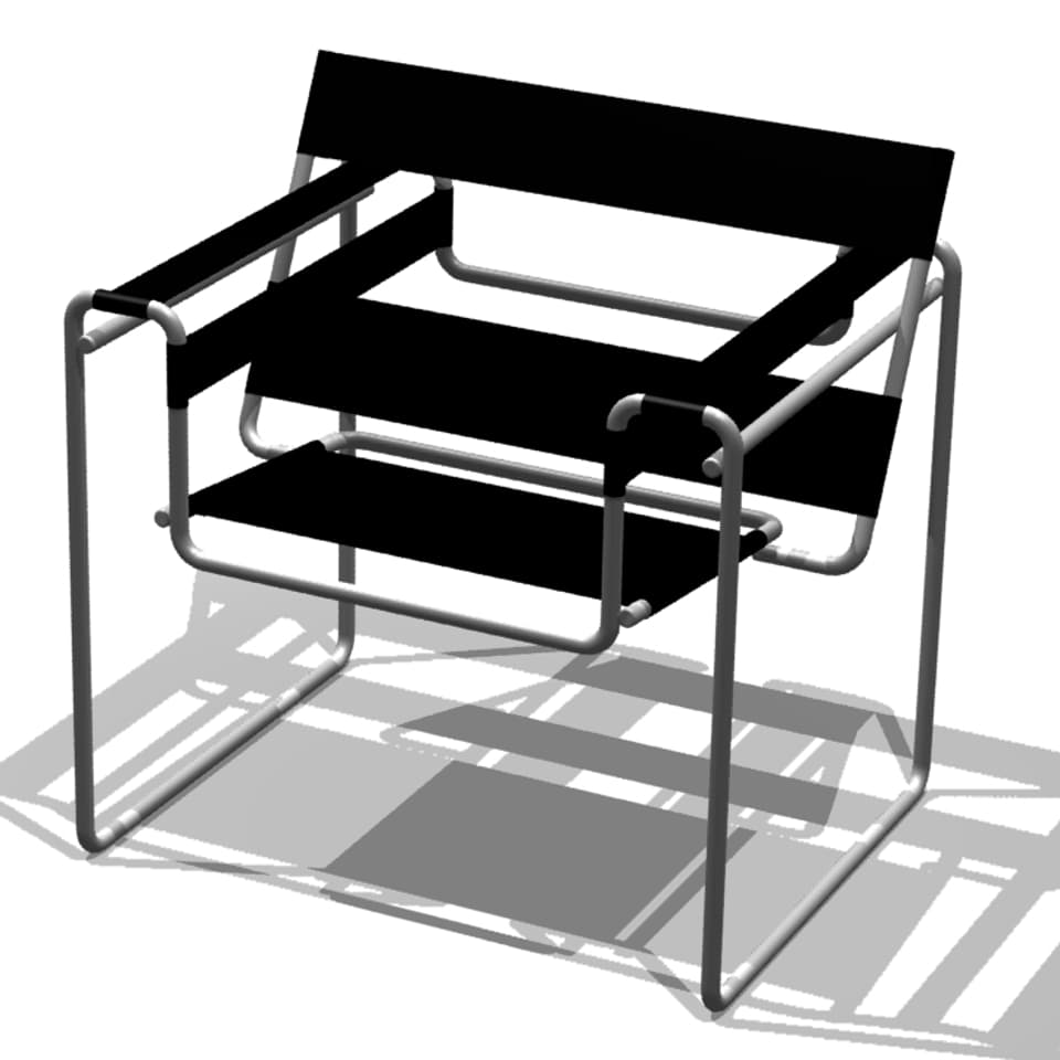 Ein Sessel aus gebogenem Stahl mit Stofteilen.