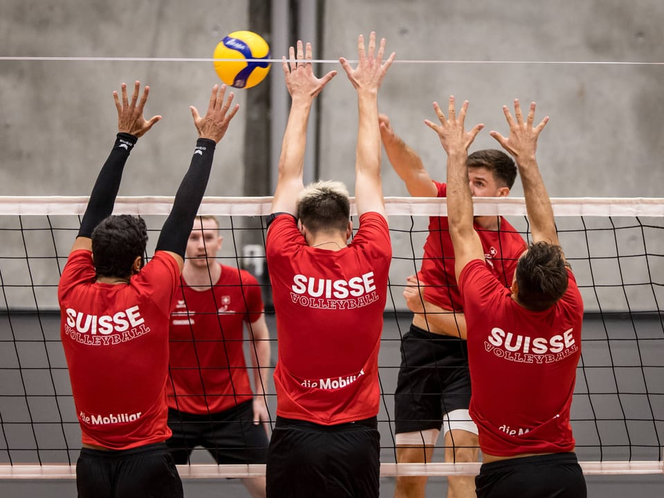 Volleyballspieler bei einem Block am Netz.