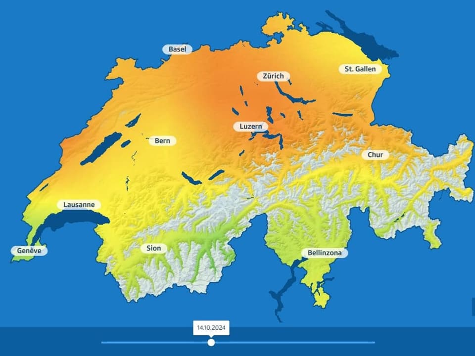 Topografische Karte der Schweiz mit Städten.