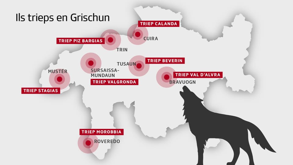 Ina charta geografica ch'inditgescha ils trieps da lufs en il Grischun.