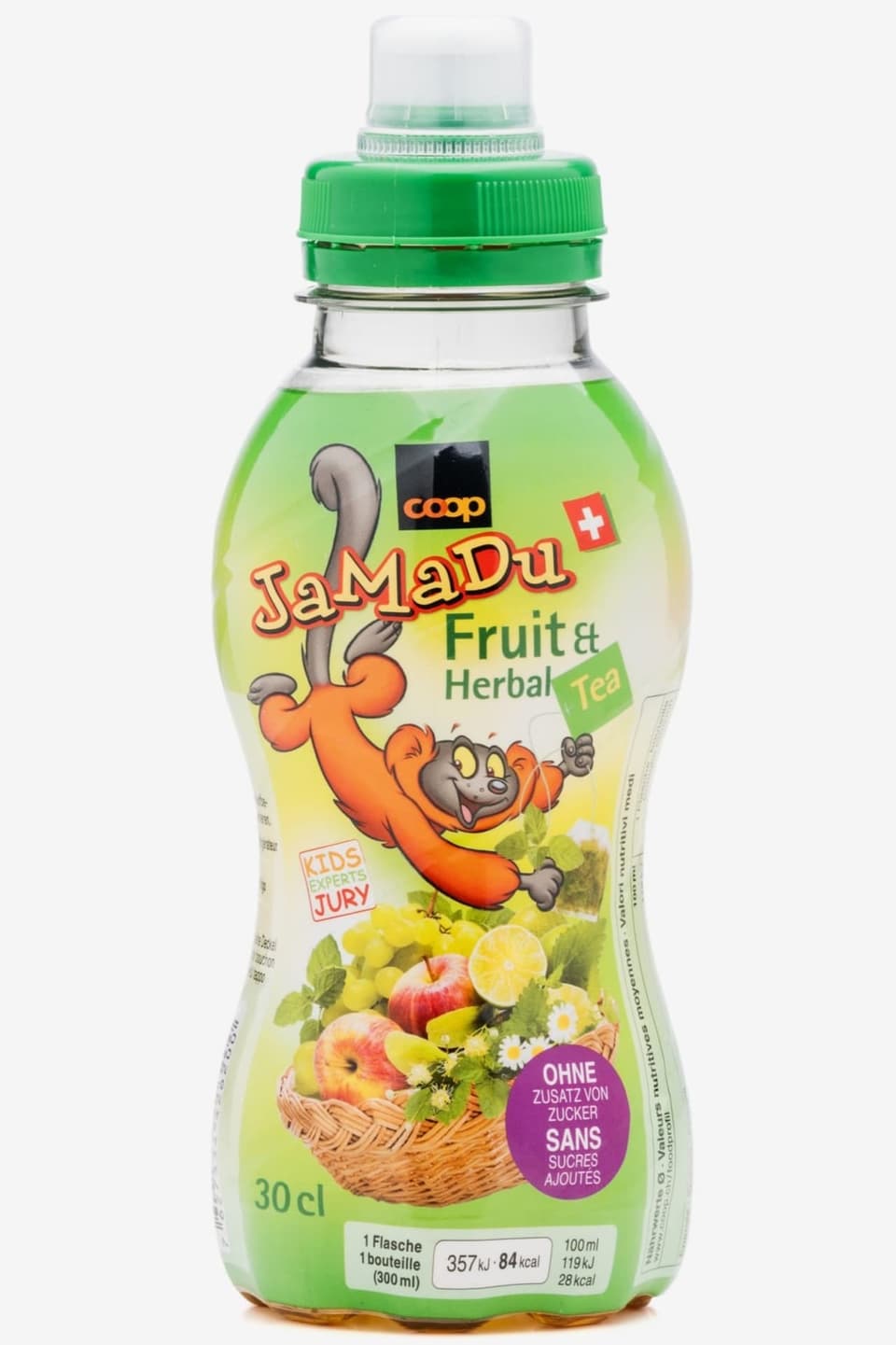 Flasche eines Kindergetränks, mit Aufschrift «Fruit & Herbal Tea» und «ohne Zusatz von Zucker»