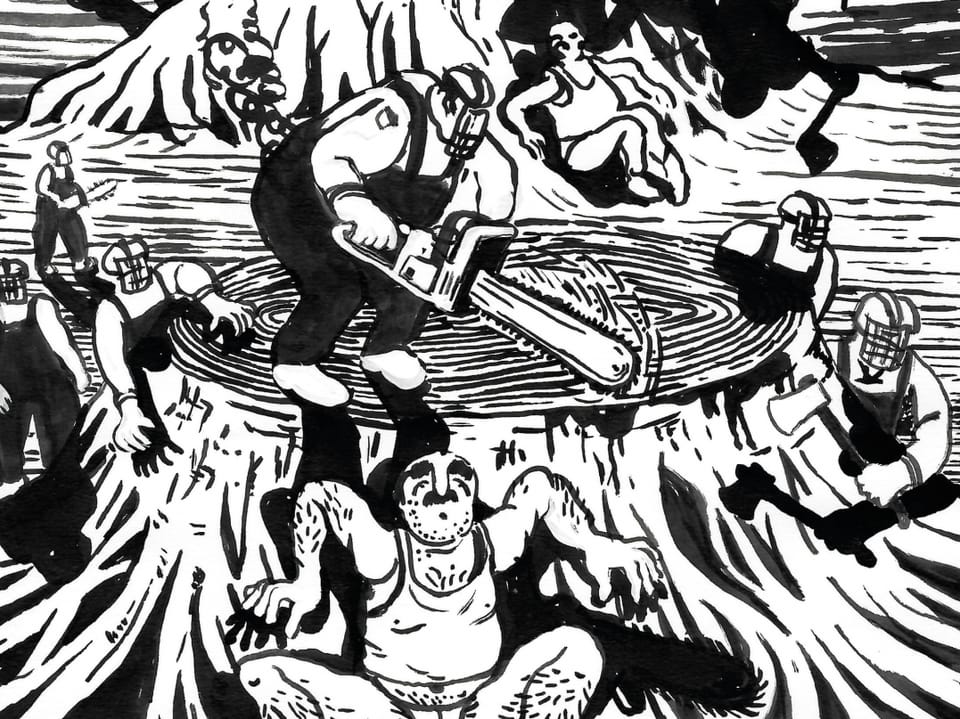 Schwarz-weisse Illustration von Holzfällern mit Kettensägen an einem Baumstumpf.