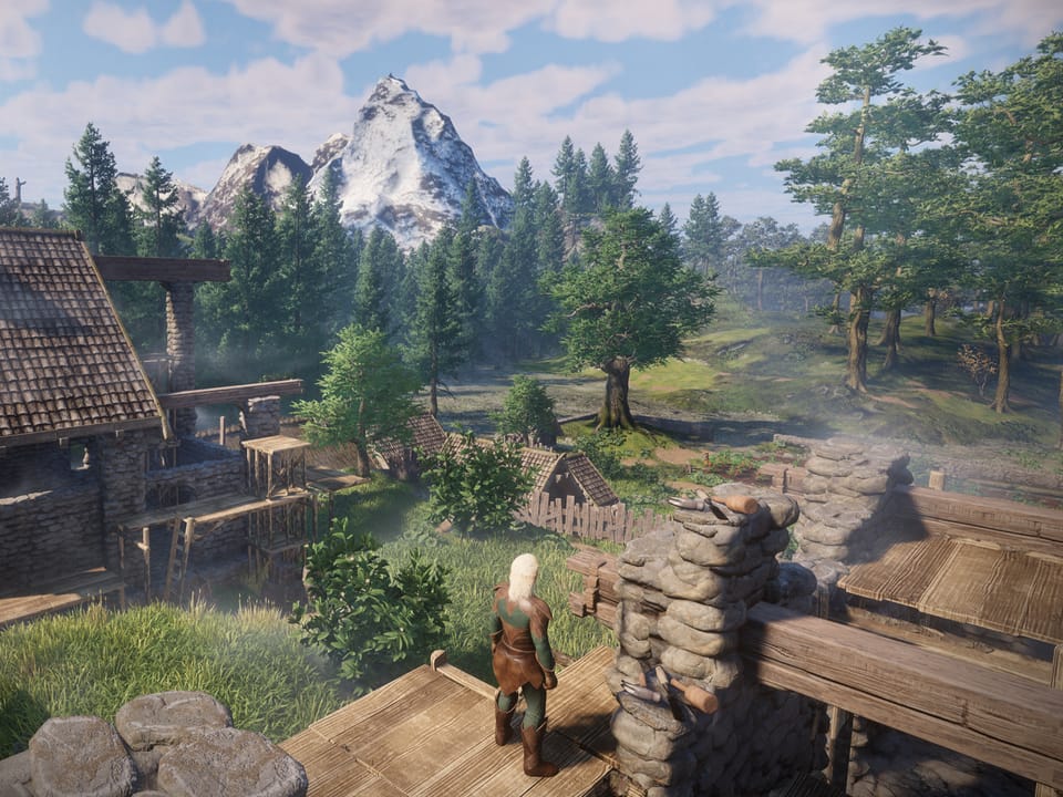 Szene in einem Wald. Ein Mann steht zwischen rustikalen Häusern aus Holz und Stein. Im Hintergrund sieht man Berge.
