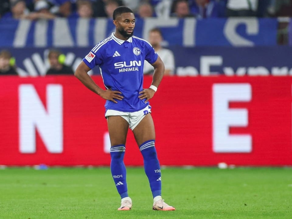 Fussballspieler der Schalke-Mannschaft auf dem Spielfeld stehend.