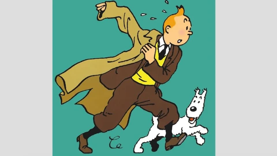 Die Comicfigur Tim zieht sich im Gehen den Mantel an. Der weisse Hund Struppi rennt nebenher.