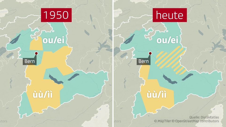 Zwei Karten des Kantons Bern, auf denen ersichtlich wird, dass das Monophthong-Gebiet von 1950 bis heute geschrumpft ist