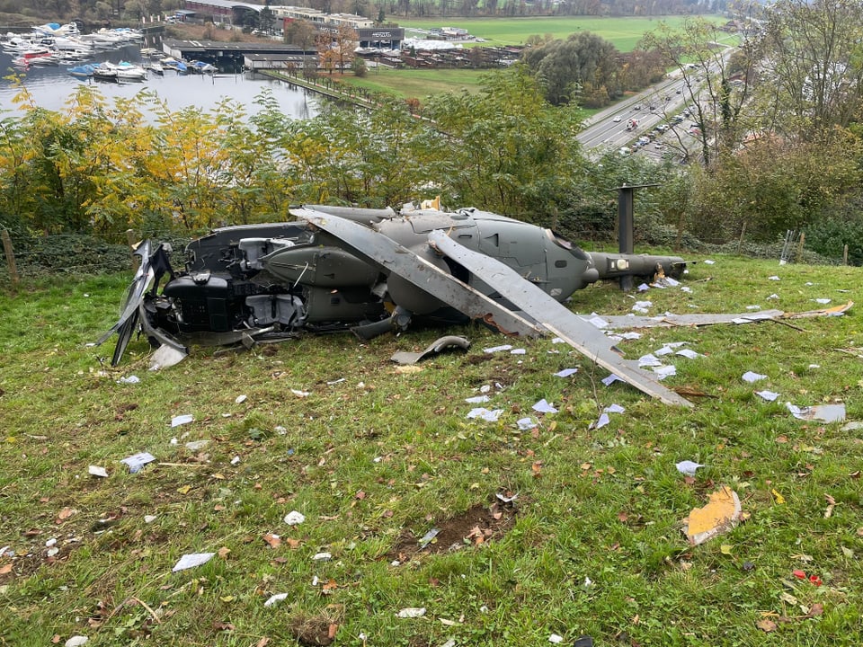 Abgestürzter Hubschrauber auf Wiese in der Nähe eines Flusses.