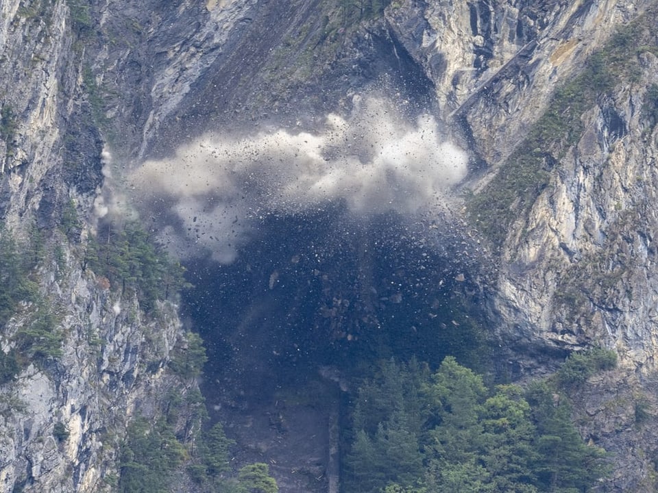 Felssturz in einem bewaldeten Berggebiet.