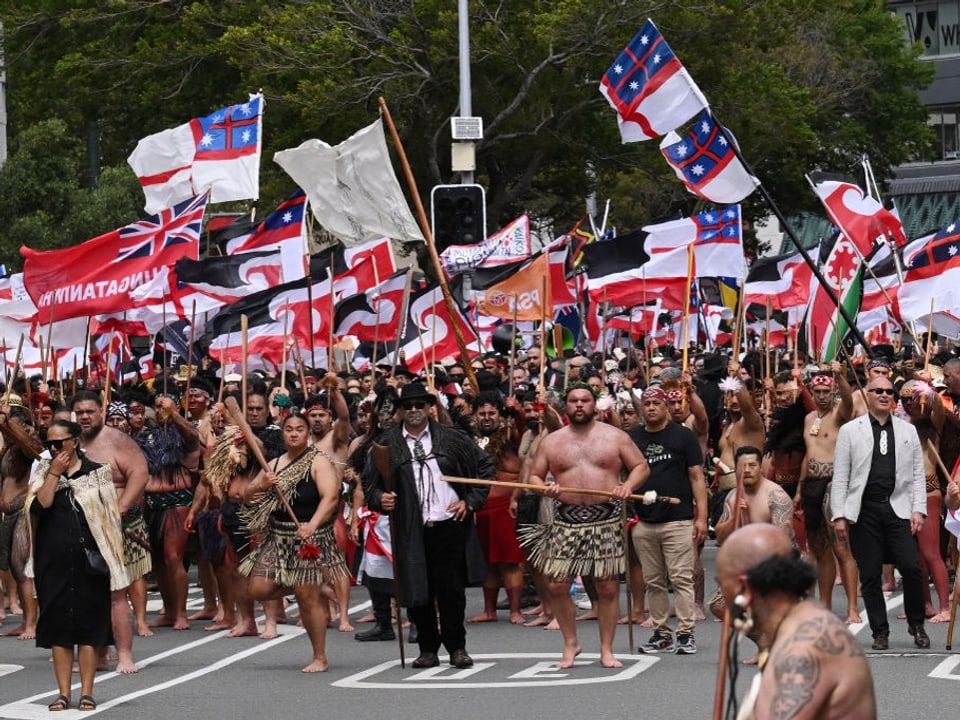 Menschenmenge mit traditionellen Kleidern und vielen Flaggen bei einer Parade.