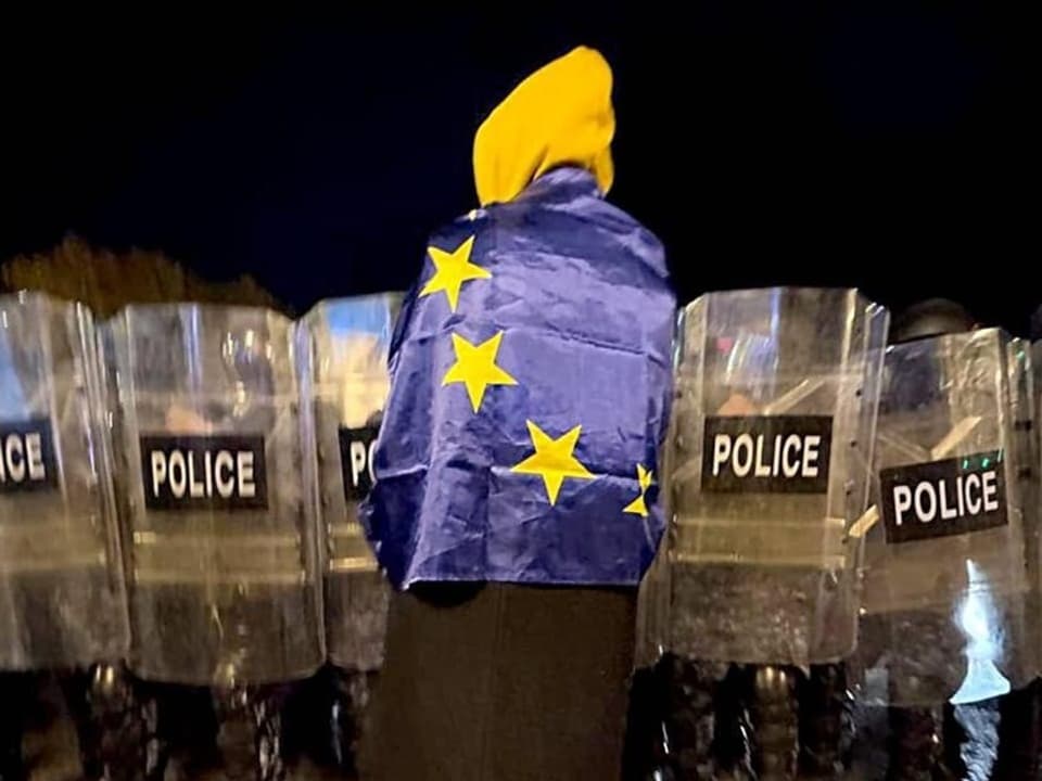 Person mit EU-Flagge vor Polizei mit Schilden.