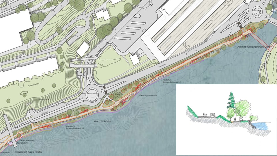 Planungsansicht eines Flussuferprojekts am St. Moritzer See mit umliegenden Strassen und Gebäuden.