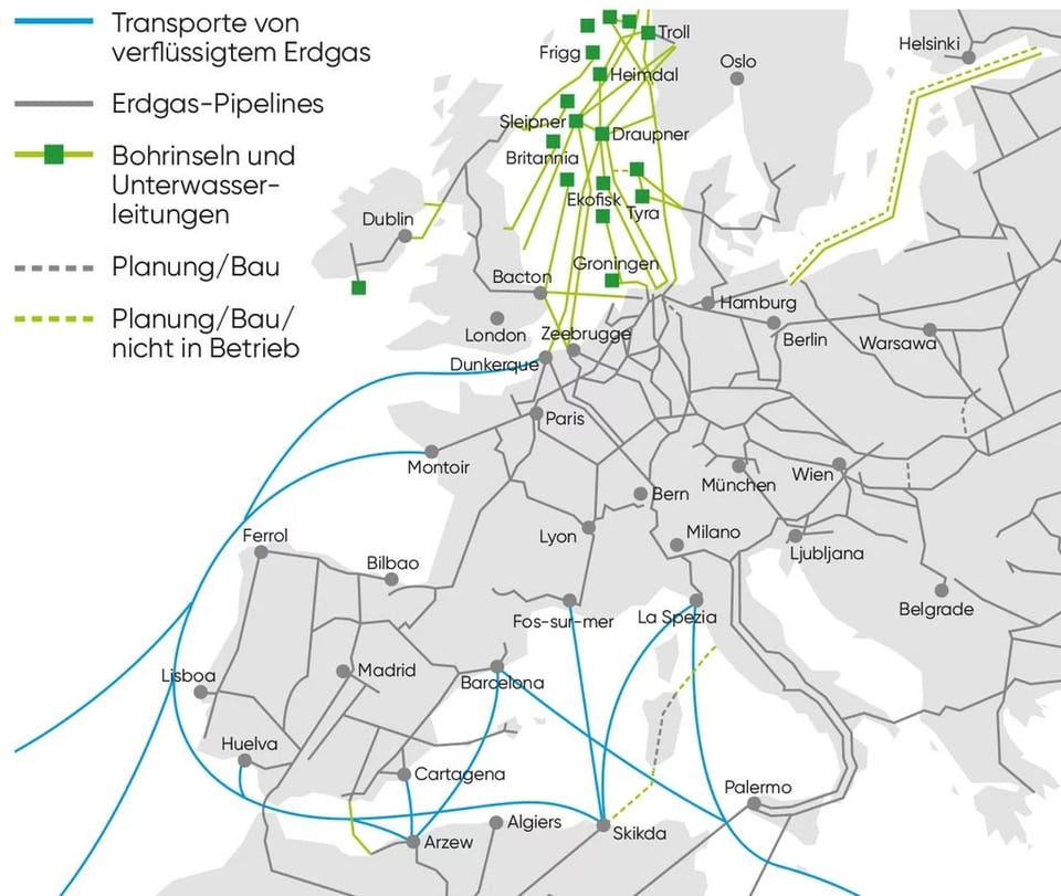 carta cun lingias da gas tras l'Europa.