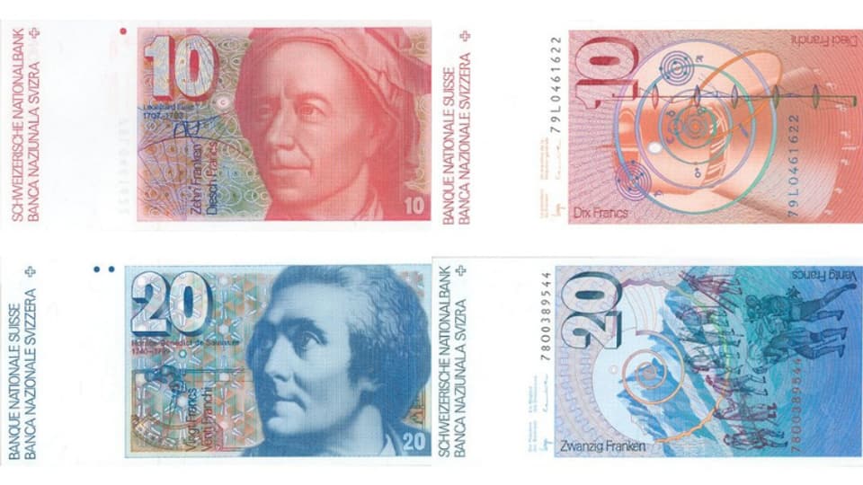 Zwei Schweizer Banknoten von 1976.