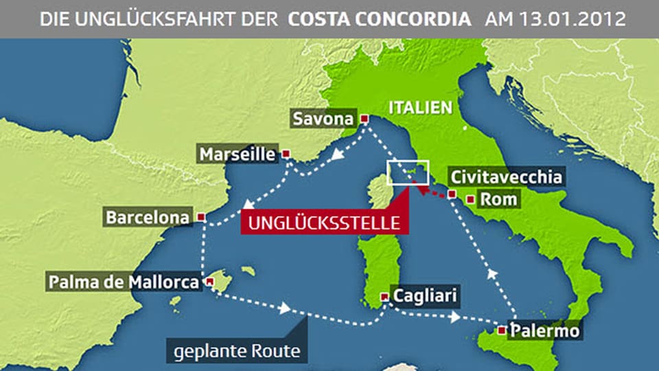 Am 13. Januar 2012 kommt es zum Drama: Das Schiff kollidiert vor der Mittelmeerinsel Giglio mit einem Felsen. (Infografik der Route, SRF)