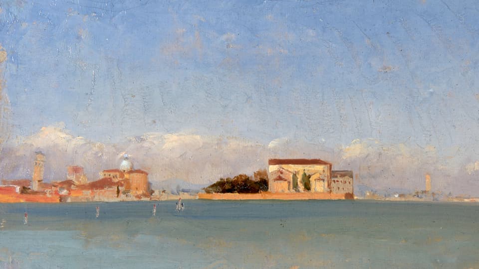 Ein Gemälde zeigt die Lagune mit der Stadt Venedig im Hintergrund.