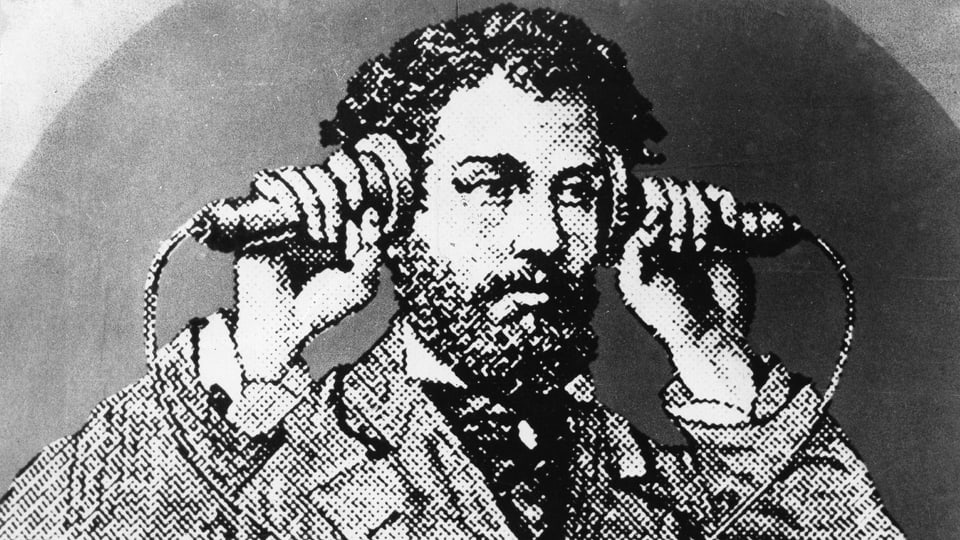Zeichnung: Ein Mann hält sich zwei Hörer an beide Ohren.