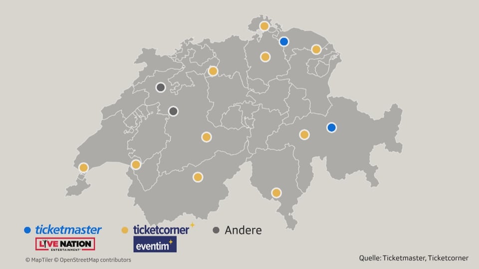 Eine Schweizer Karte, die zeigt: 10 von 14 Openairs rechnen ihre Tickets über Ticketcorner, 2 von 14 über Ticketmaster.