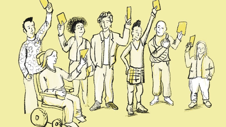 Illustration von sieben Personen, darunter eine Person im Rollstuhl und ein Vater mit Baby, die gelbe Karten hochhalten.