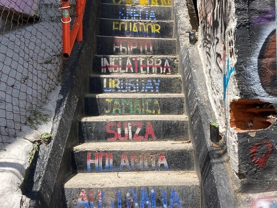 Concrete stairs marked with colorful country names.