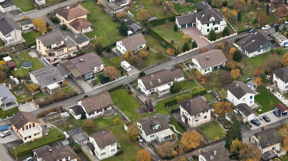 Wohnsiedlung mit kleinen Ein- und Mehrfamilienhäusern und grünem Umschwung.