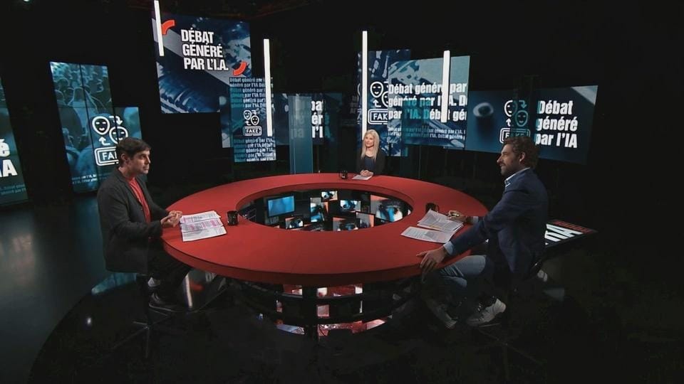 Ein Fernsehstudio mit einem roten runden Tisch. Daran sitzen zwei Männer und eine Frau, die sich unterhalten.