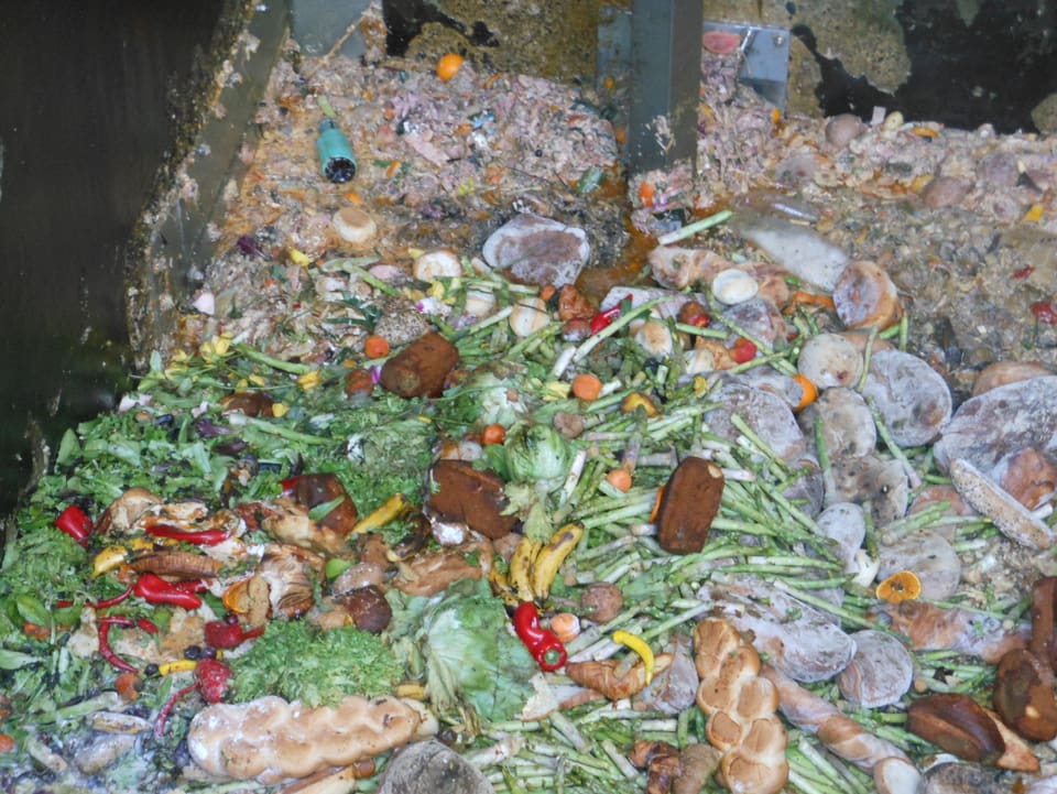 Ein Betonschacht mit Lebensmittelabfällen, darunter vereinzelte PET-Flaschen