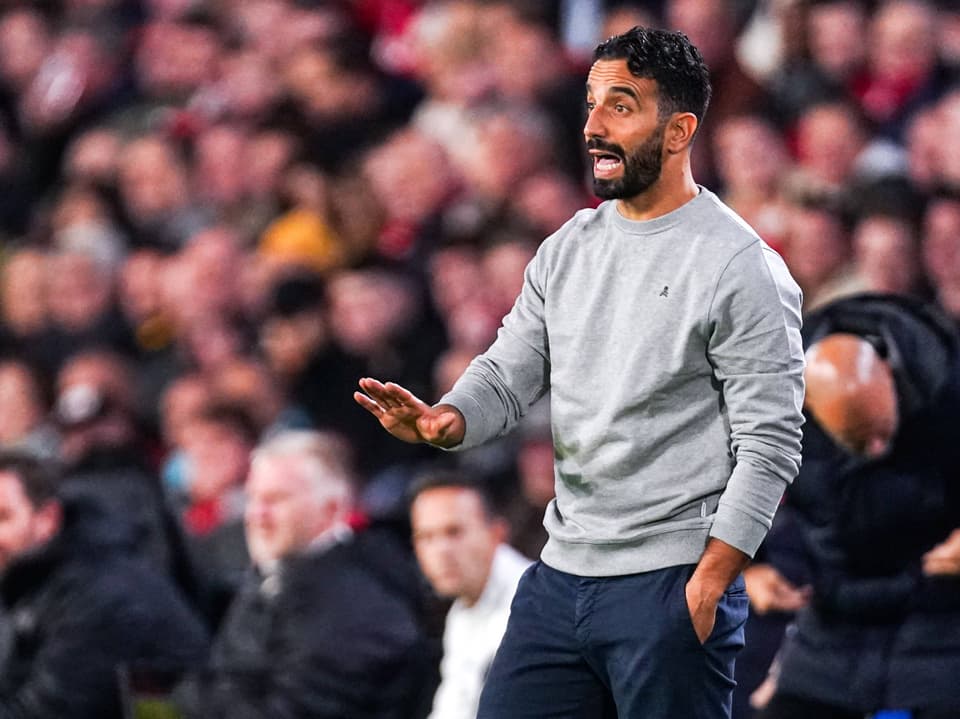 Trainer in grauem Pullover gestikuliert am Spielfeldrand.