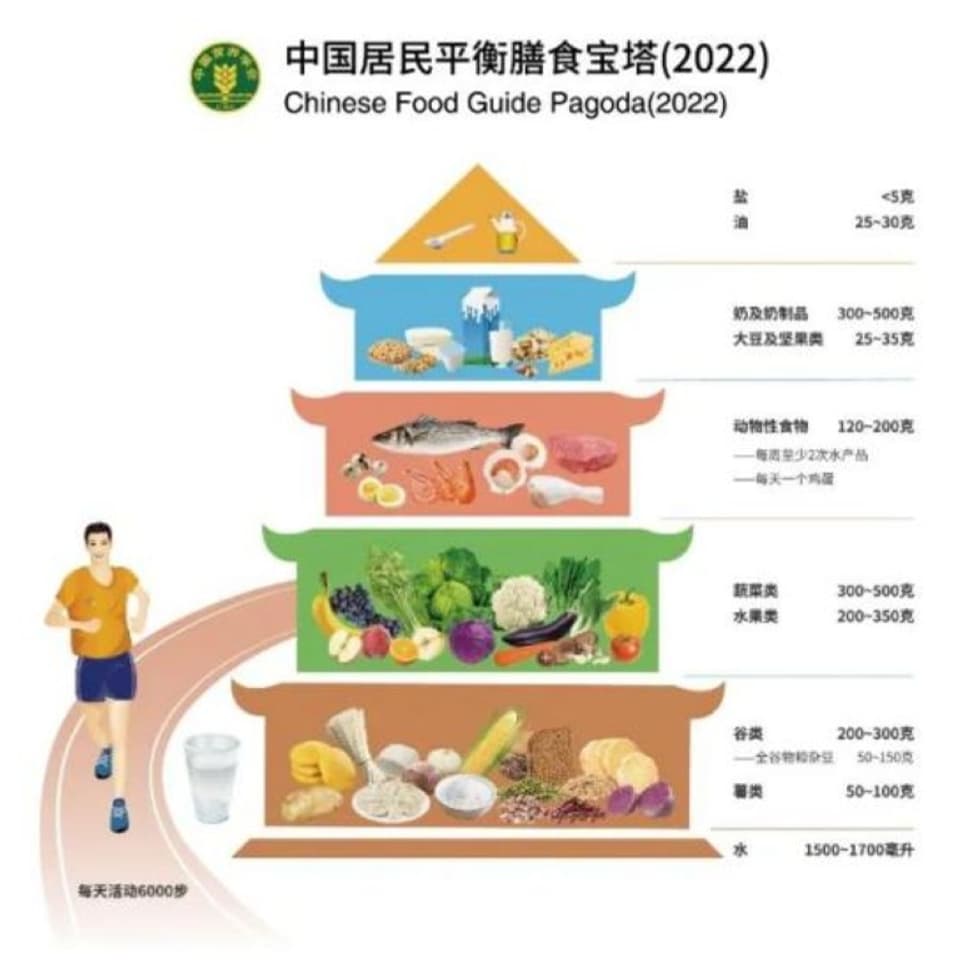 Chinesische Ernährungspyramide 2022 mit verschiedenen Lebensmittelkategorien.