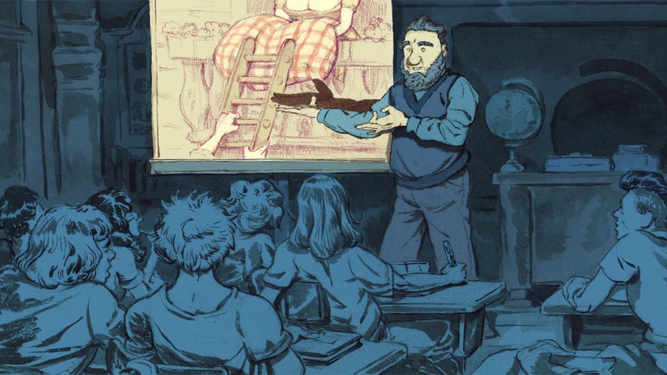 Illustration eines verdunkelten Klassenzimmers. Ein bärtiger Mann zeigt auf eine Leinwand 