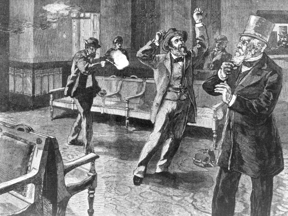 Historische Zeichnung eines Attentats in einem Raum mit mehreren Personen.