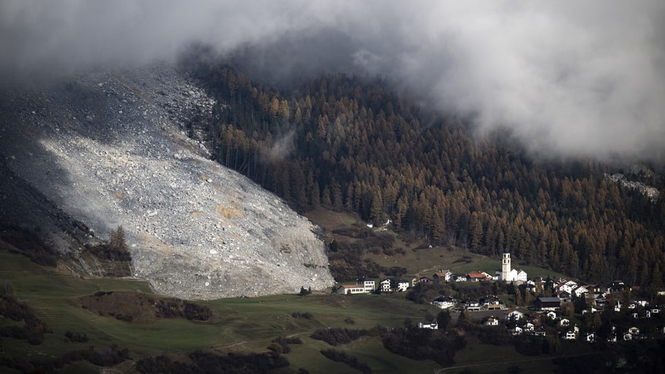 Dorf am Hang mit Wald und Wolken.