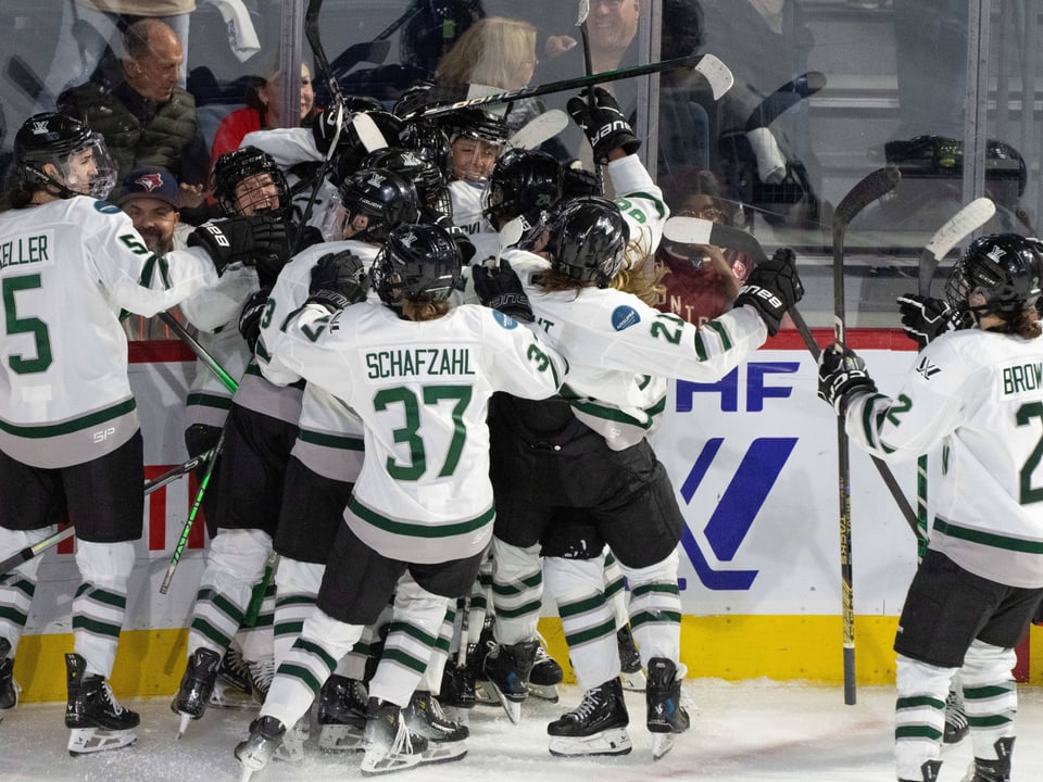 Eishockeyteam in grün-weissen Trikots feiert einen Sieg am Spielfeldrand.