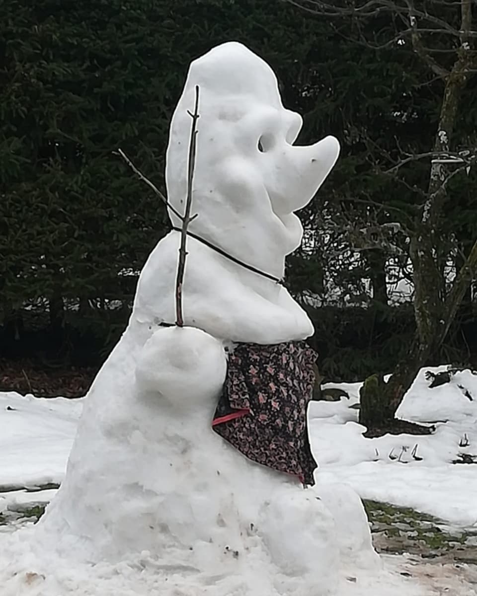 Schneemann mit hochgebogener Nase aus Schnee.