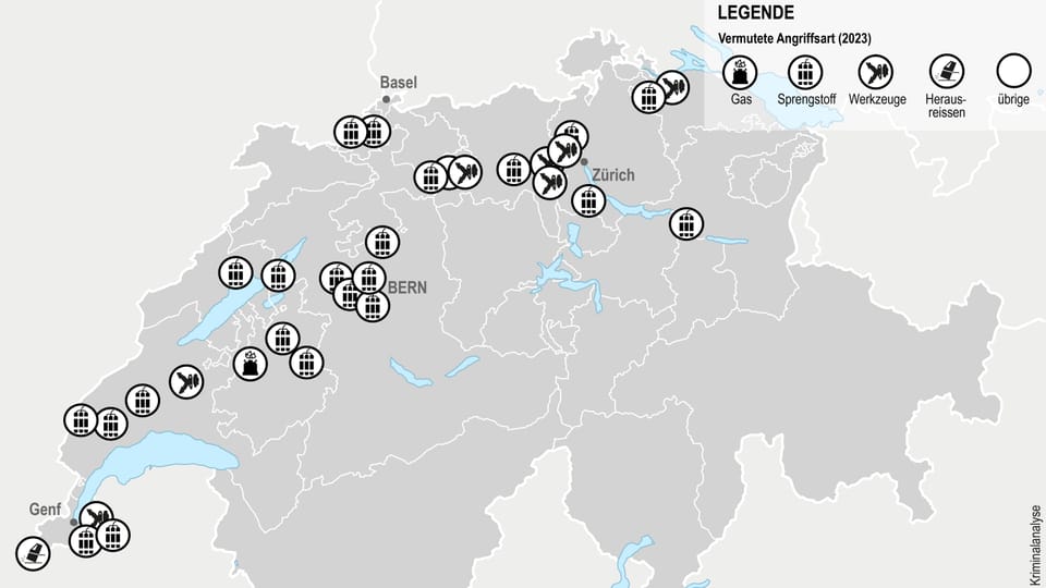 Eine Schweizer Karte mit verschiedenen Symbolen, welche die Art des Angriffs zeigen.