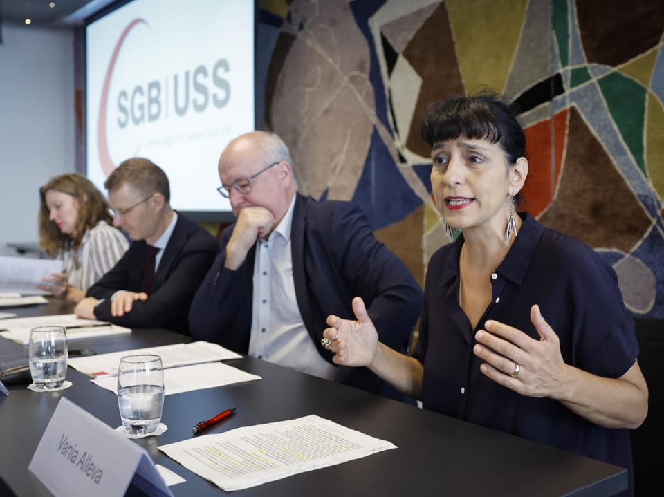 Mehrere Personen sitzen an einem Konferenztisch, eine Frau spricht.