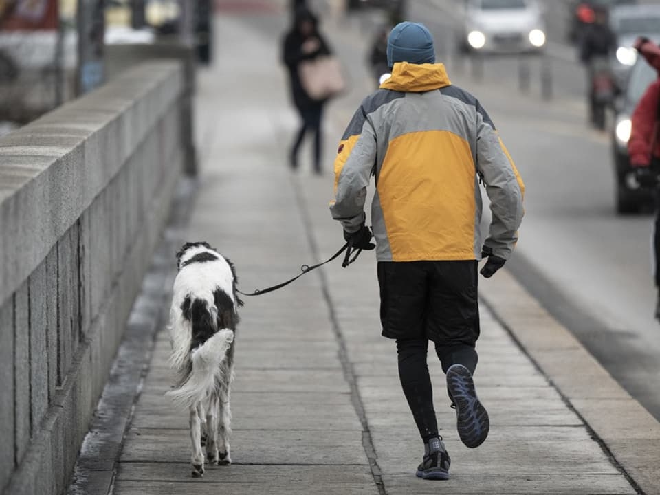 Person joggt mit Hund auf dem Trottoir.